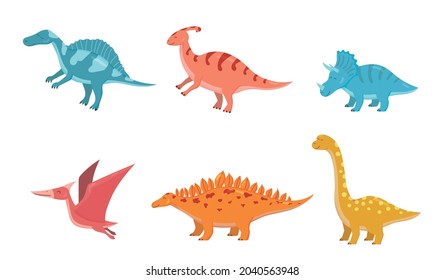 Dinosaurs vector illustration set. Cartoon colorful dino collection of stegosaurus, brontosaurus, triceratops, diplodocus, spinosaurus isolated on white background