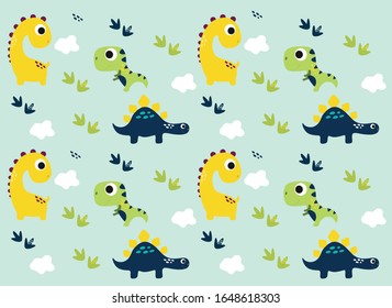 Dinosaurs Vector  pattern on a blue background. Children's illustration in a funny cartoon style. Scandinavian hand-drawn background is ideal for children's clothing, textiles, wallpaper, etc