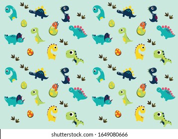 Dinosaurs Vector  pattern on a blue background. Children's illustration in a funny cartoon style. Scandinavian hand-drawn background is ideal for children's clothing, textiles, wallpaper, etc