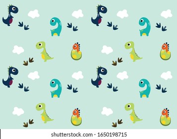 Dinosaurs Vector  pattern on a blue background. Children's illustration in a funny cartoon style. Scandinavian hand-drawn background is ideal for children's clothing, textiles, wallpaper, etc