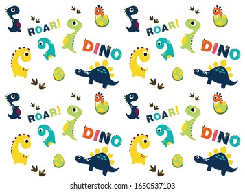 Dinosaurs Vector  pattern on a blue background. Children's illustration in a funny cartoon style. 