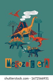 Dinosaurs Vector Poster. Tyrannosaurus, Triceratops, Bracheosaurus, Diplodocus and Prehistoric Landscape. 
Print for boys.