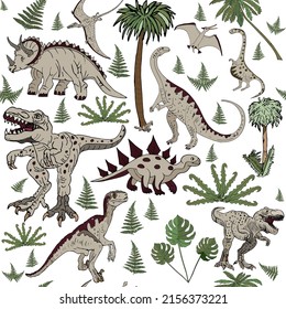 Dinosaurs vector seamless pattern. Doodle dinosaur characters surrounded by palm trees and tropical foliage on a transparent seamless pattern. To create children's textiles, fabrics, postcards or text