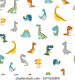 Dinosaurs Vector seamless pattern on a white background. Children's illustration in a funny cartoon style. Scandinavian hand-drawn background is ideal for children's clothing, textiles, wallpaper, etc