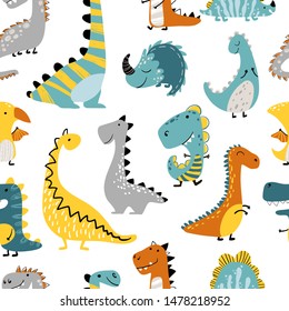 Dinosaurs Vector seamless pattern on a white background. Children's illustration in a funny cartoon style. Scandinavian hand-drawn background is ideal for children's clothing, textiles, wallpaper, etc