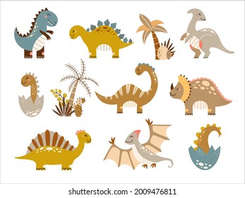 Dinosaurs vector set in cartoon style. Cute baby dino illustration.  Prehistoric animals and flora. Jurassic kid collection. T-Rex, Spinosaurus, Pteranodon, Stegosaurus, Triceratops. Isolated on white