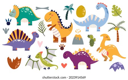 Dinosaurs vector set in cartoon style. Cute baby dino illustration.  Prehistoric animals and flora. Jurassic kid collection. T-Rex, Spinosaurus, Pteranodon, Stegosaurus, Triceratops. Isolated on white