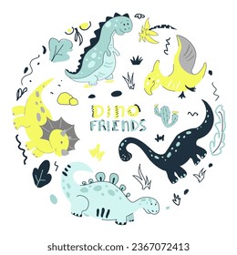 Dinosaurs vector set in cartoon doodle style. Colorful cute baby illustration is ideal for a children's room. Vector illustration