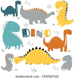 Dinosaurs vector set in cartoon scandinavian style. Colorful cute baby illustration is ideal for a children's room.