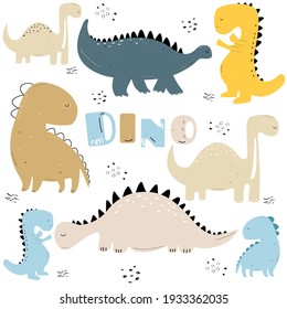 Dinosaurs vector set in cartoon scandinavian style. Colorful cute baby illustration is ideal for a children's room.