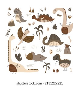 Dinosaurs vector set in cartoon scandinavian style. Colorful cute baby illustration is ideal for a children's room.