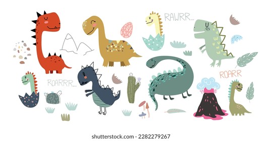 Dinosaurs vector set in cartoon Scandinavian style. A colorful cute children's illustration is perfect for a child's room.