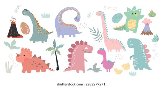 Dinosaurs vector set in cartoon Scandinavian style. A colorful cute children's illustration is perfect for a child's room.