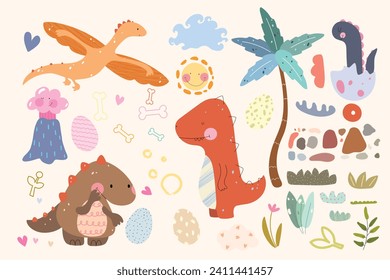 Dinosaurs vector set in cartoon Scandinavian style. A colorful cute children's illustration is perfect for a child's room.