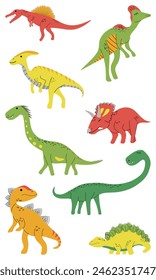Dinosaurs vector set in cartoon scandinavian style. Various dinosaur characters. Funny prehistoric animals in simple hand drawn style