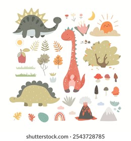 Dinosaurs vector set in cartoon Scandinavian style. A colorful cute children's illustration is perfect for a child's room.