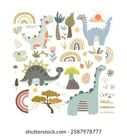 Dinosaurs vector set in cartoon Scandinavian style. A colorful cute children's illustration is perfect for a child's room.