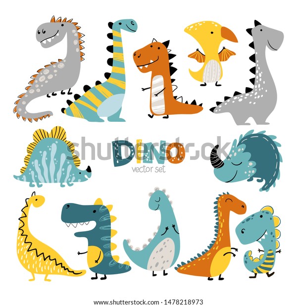 Dinosaurs\
vector set in cartoon scandinavian style. Colorful cute baby\
illustration is ideal for a children\'s\
room.
