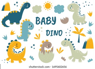 Dinosaurs vector set in cartoon style. Colorful cute baby illustration. Clipart dinosaurs, palm tree, sun, clouds, mountains.