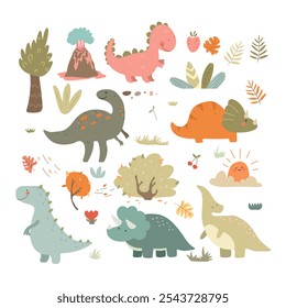 Dinosaurs vector set in cartoon style , plants, trees, volcano . A colorful cute children's illustration is perfect for a child's room.