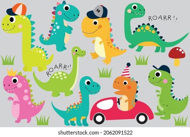 Dinosaurs vector set. Colorful cute baby illustration is ideal for a children's room.