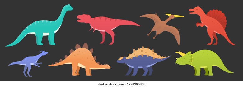 Dinosaurs vector Set isolated on dark. Dinosaurs animal predators and herbivores. Dino icons of triceratops, tyrannosaurus and stegosaurus, brontosaurus, spinosaurus and velociraptor, pteranodon.