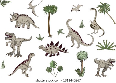 Dinosaurs vector set, palms and exotic leaves. Cool dinosaurs to create any design.