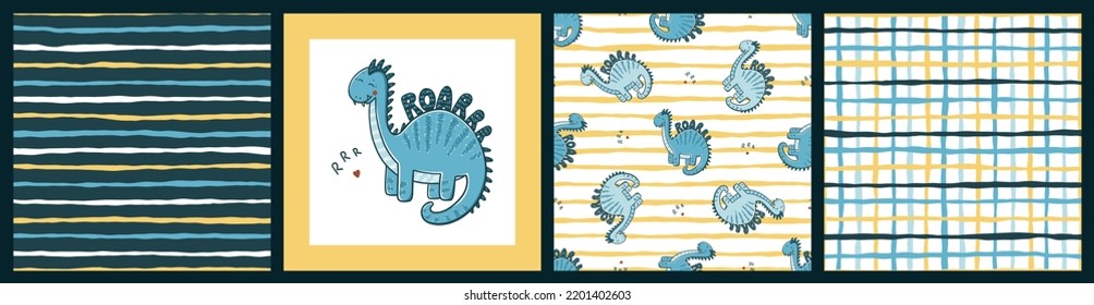 Dinosaurs Vector Set. Poster and 3 Seamless Patterns for kids fashion with Cute Dinosaur. Cartoon Funny Brachiosaurus.