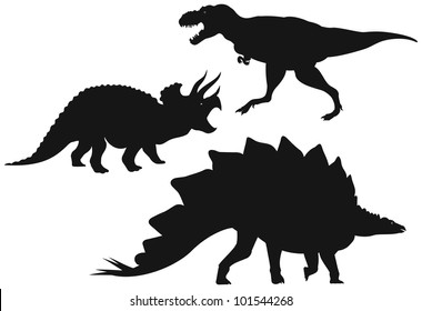 Dinosaurs vector Silhouettes, Tyrannosaurus T-Rex - large meat-eater dinosaur, Triceratops - horned dinosaur and Stegosaurus - plated dinosaur