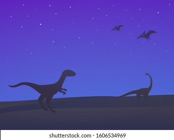 dinosaurs, velociraptor, sauropod and pterodactyls at night vector illustration
