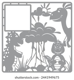 dinosaurs volcano contour photo frame. Vector illustration hand-drawn, silhouette of animals and objects, in cartoon style, on an isolated background.