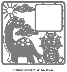 dinosaurs volcano contour photo frame. Vector illustration hand-drawn, silhouette of animals and objects, in cartoon style, on an isolated background.