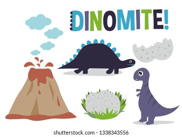 Dinosaurs, volcano, dinosaur eggs vector illustrations