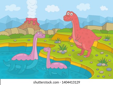 Dinosaurs and volcano with lava. Funny cartoon and vector illustration