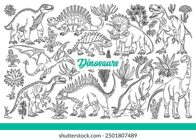 Dinosaurs walk or fly in sky, displaying large teeth and readiness to fight. Ancient dinosaurs monsters similar to lizards, inhabiting earth before meteorite fell. Hand drawn doodle