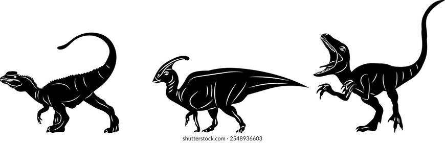 dinosaurs walking black silhouette vector