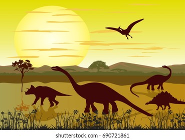 Dinosaurs walking silhouettes, prehistoric age  landscape