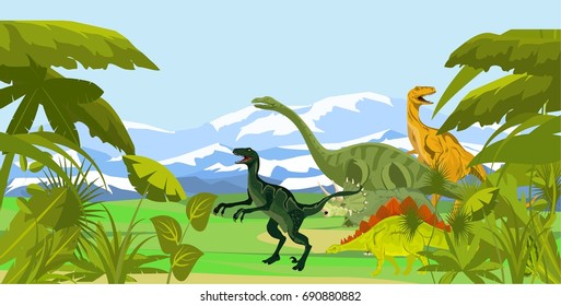 Dinosaurs Walking Vector Illustration, Prehistoric Age Landscape