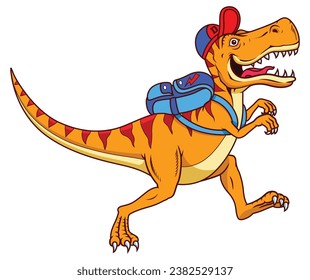 Dinosaurs wear hats and carry bags to school, happy Dinosaurs, illustration, Dinosaurs cartoon, Dinosaurs running, Cute dinosaur with the backpack