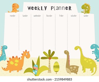 Dinosaurs Weekly Planner with Cute Dinosaurs and jungle palm. Funny Dino Kids schedule design template in cartoon style. Vector illustration.