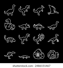 Dinosaurs, white line icons. Icon set depicting ancient reptiles like Tyrannosaurus, Triceratops, and more from the Mesozoic era. Symbols on black background. Editable stroke.