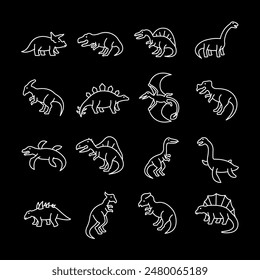 Dinosaurs, white line icons. Reptiles from the Mesozoic era, Tyrannosaurus and Triceratops. educational and historical themes. Symbols on black background. Editable stroke.