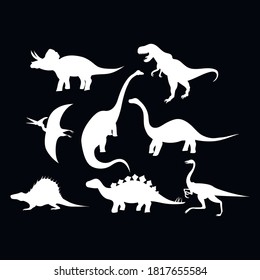
Dinosaurs white silhouettes on black background, set, vector illustration