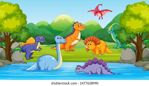 Dinosaurs in wood scene with river illustration