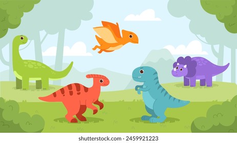 Dinosaurs world concept. Blue, red and violet prehistoric animals. Velociraptor and diplodocus. Prehistoric reptiles and predators. Wild life and fauna. Cartoon flat vector illustration