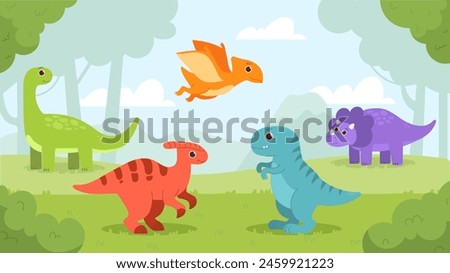 Dinosaurs world concept. Blue, red and violet prehistoric animals. Velociraptor and diplodocus. Prehistoric reptiles and predators. Wild life and fauna. Cartoon flat vector illustration