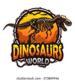 Dinosaurs world emblem with tyrannosaur skeleton. Colored isolated on white background