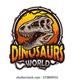 Dinosaurs world emblem with tyrannosaur skull. Colored isolated on white background