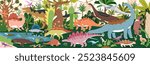 Dinosaurs world, Jurassic era. Prehistoric extinct animals in ancient nature, jungle environment panorama. Different dino species, paleontology fauna, biodiversity landscape. Flat vector illustration