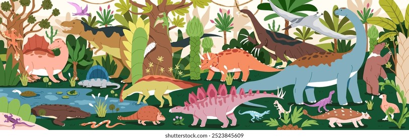 Dinosaurs world, Jurassic era. Prehistoric extinct animals in ancient nature, jungle environment panorama. Different dino species, paleontology fauna, biodiversity landscape. Flat vector illustration